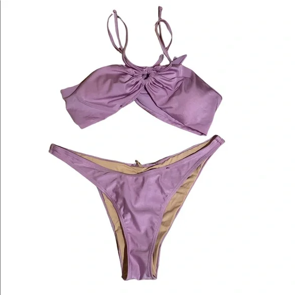 cotton on light purple bikini top is strapless and bottoms are full  coverag